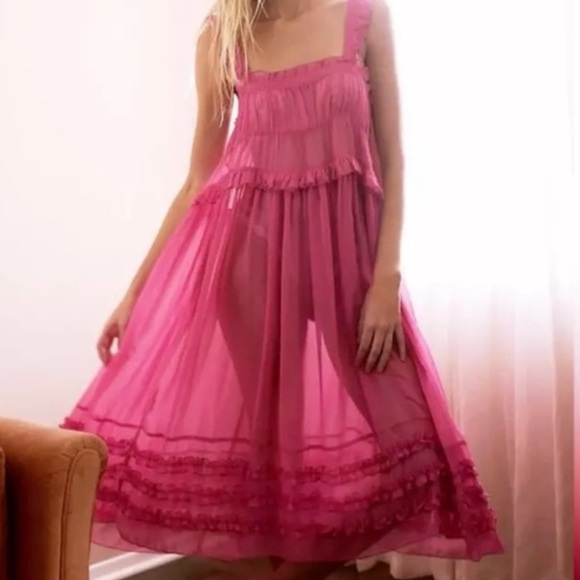 Free People Dresses & Skirts - Free People Moon Phase Sleeveless  square neck Sheer Ruffled Midi dress size L
